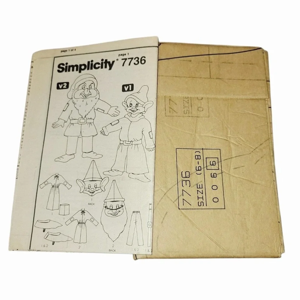 Vintage Simplicity 7736 Disney Dopey Grumpy Dwarf Costume Pattern Child 6-8